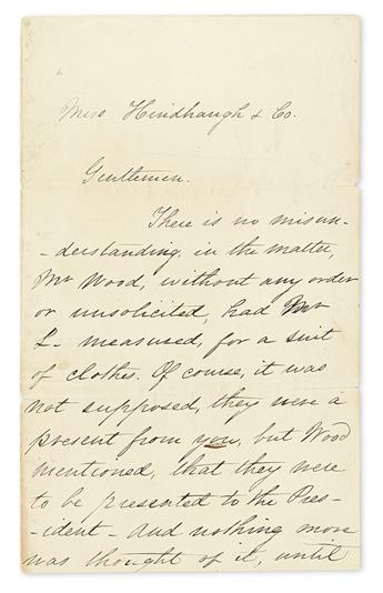LINCOLN, MARY TODD. Autograph Letter Signed, Mary Lincoln, as First Lady, to the Presidents tailor Hindhaugh & Co,